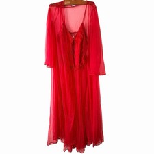 Vintage 1970s Red Sheer Peignoir Set Frederick  s of Hollywood USA Nylon Lingerie