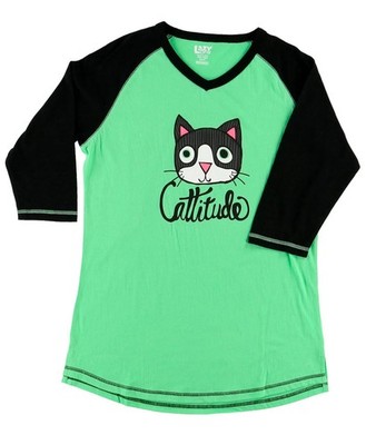 Cattitude Cat Graphic V-Neck 3/4 Sleeve Cotton Sleepshirt L, 100% Cotton