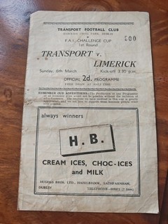 Very Rare Irish Football Programme Transport FC V Limerick FIA Cup 1950s