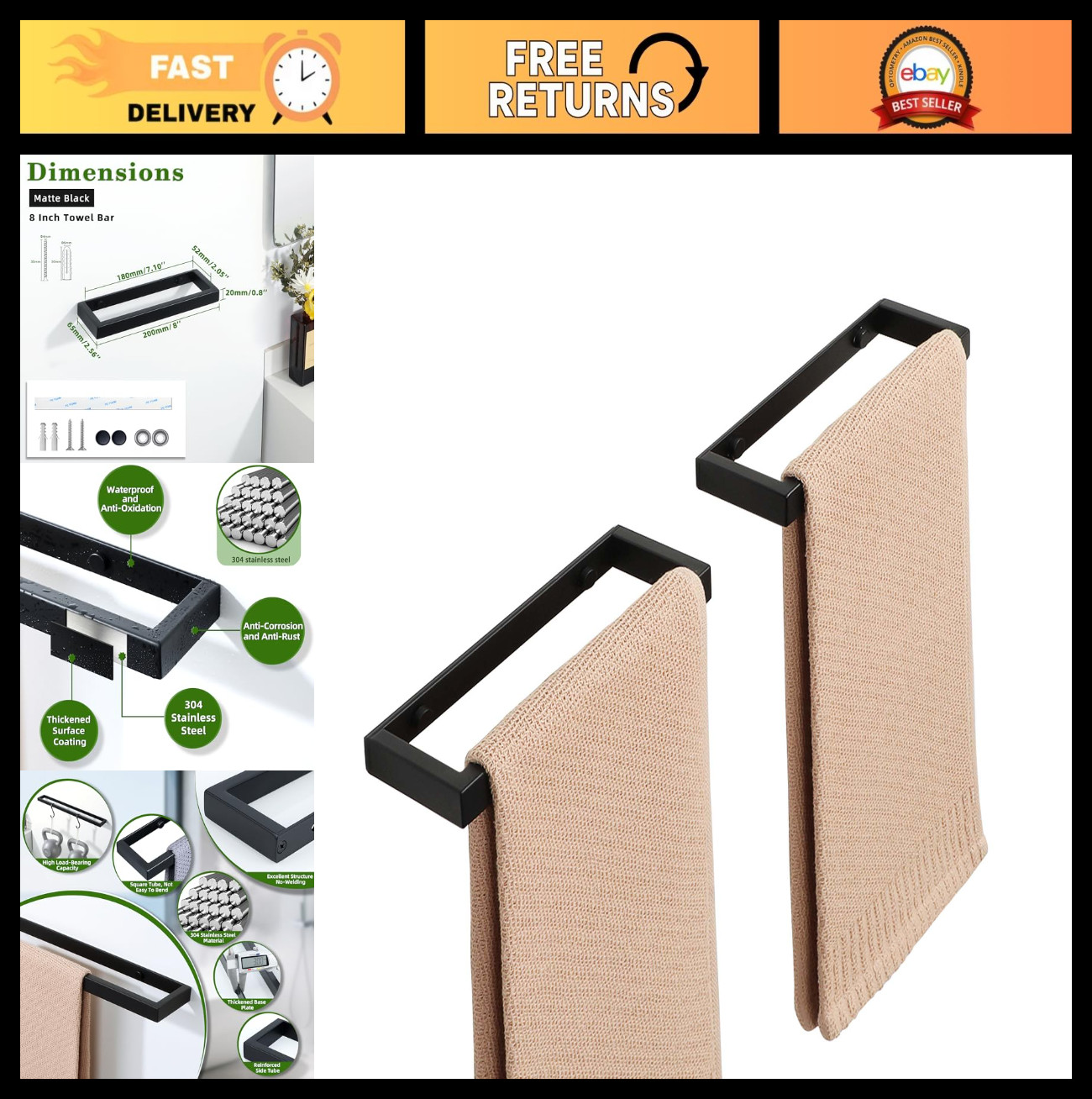 Holder Rack - 8 Inch Matte Black Stainless Steel Towel Bar (2-p