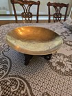 Vtg Chinese Shallow Brass Engraved Bowl & Carved Bowl Display Stand
