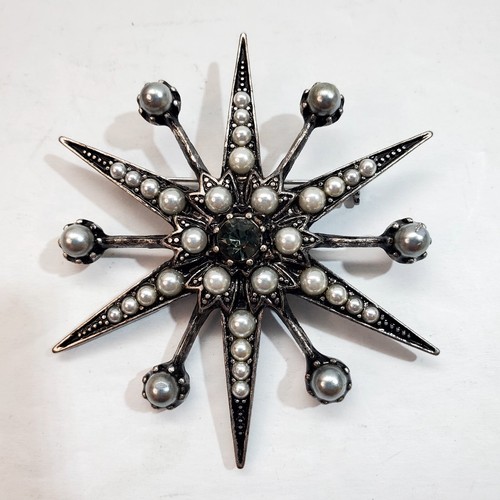 Vtg Black Tone Metal with Faux Pearl Smokey Rhinestone Starburst Brooch Pin MCM