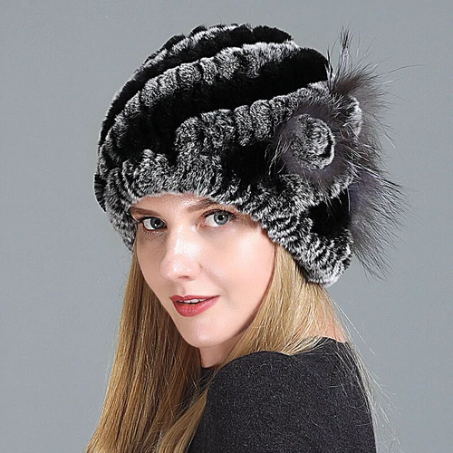 Damen Echt Rex Kaninchenfell Beanie Mütze Winter Warm Mütze mit Fuchs Handarbeit Geflochten - Bild 48 von 52