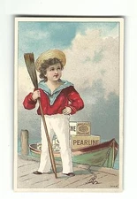 Old Trade Card James Pyle's PEARLINE Soap Sailor Boy Oar Dock Boat New York