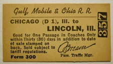 Old unused Gulf Mobile & Ohio Railroad ticket - Chicago to Lincoln (Illinois)