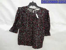 Loft Womens Medium Heart Pattern Black Blouse With Keyhole Back and 1/2 Sleeve