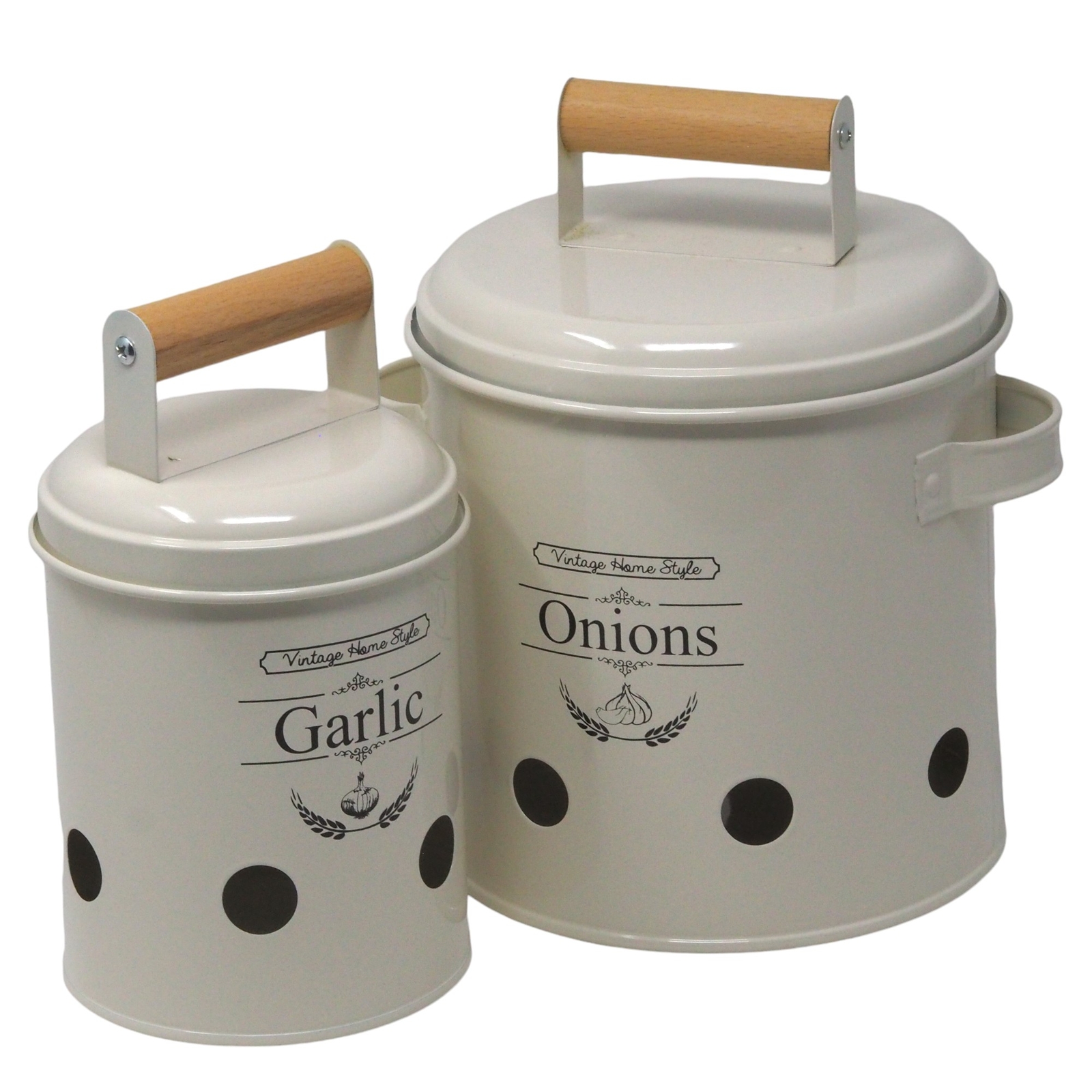Onion & Garlic Storage Containers Metal Vintage Style with Handles - Set of 2