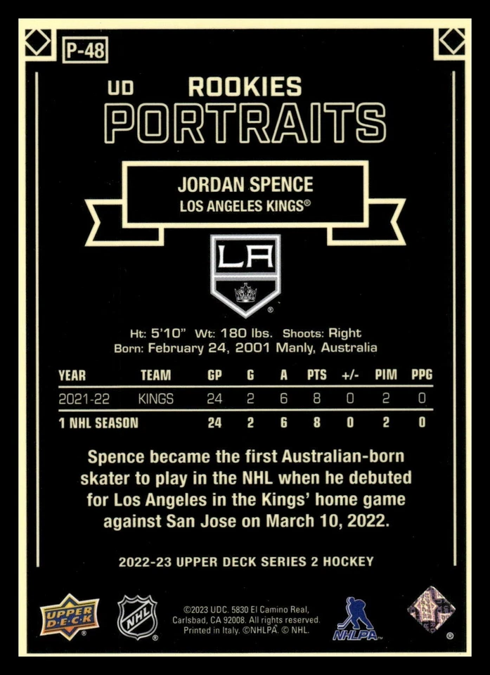 2022-23 Upper Deck Series 2 - UD Portraits Rookies #P-48 Jordan Spence (RC) - Image 2 of 2