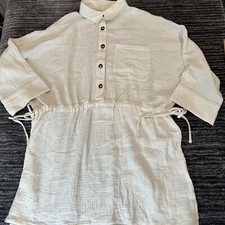Dress Womens Small Oversized White Cotton Shift Button Drawstring Off White