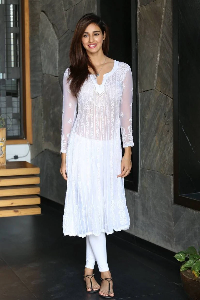 White Handmade Georgette Anarkali Kurta Ethnic Wear Lucknowi