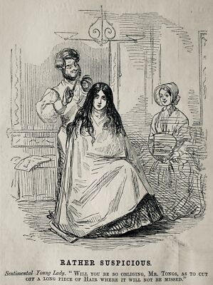 c1850 HAIR DRESSER & RATHER SUSPICIOUS SENTIMENTAL LADY Original Antique Print