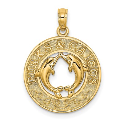 14k Gelbgold Turks & Caicos Worte mit zwei Delfinen in rund Charm Anhänger