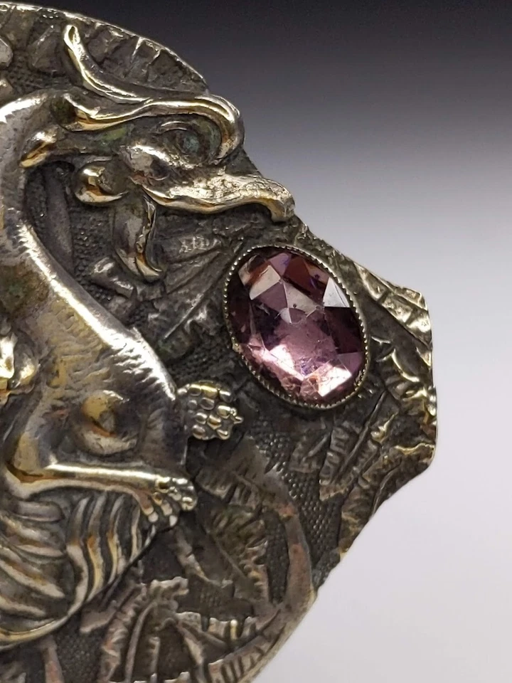 Broche broche dragón plata antiguo con piedra amatista Foto 3 de 4