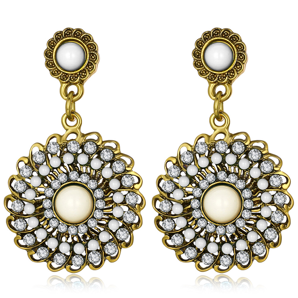 Antique Bronze Plated Clear CZ Crystal White Flower Bridesmaid Earrings