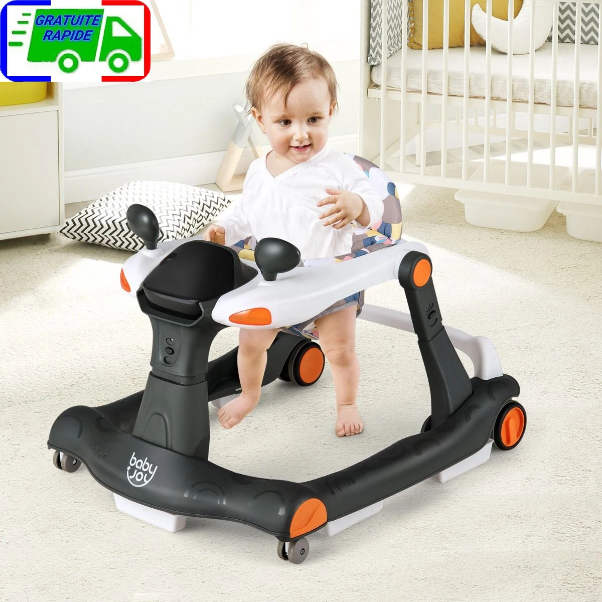 Trotteur Bébé Pliable 2 en 1 Hauteur et Vitesse Réglables Effet