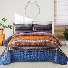 WONGS BEDDING Boho Quilt King Size, Blue and Orange Bohemian King Quilt, Ligh...