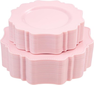COLOSUS Disposable Pink Party Plastic Plates Set, 60 dinner and dessert, 