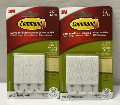 New 3M Command Damage Free Picture Hanging Strips 6 Lb Medium 2-PACK (R15)