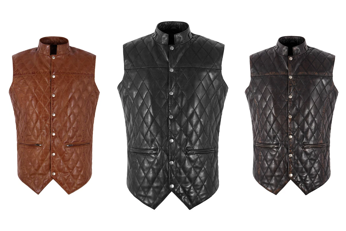 Men s Classic Diamond Shape Quilted Leather Waistcoat Gilet Fashion Vest Daniel