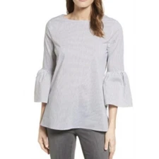 Gibson Poplin White Black Pinstripe Bell Sleeve Blouse Women's Size Small