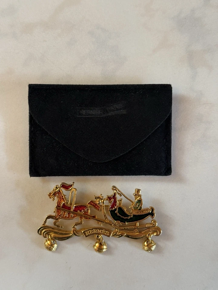 Wunderschöne Hermès Paris vintage Cloisonné Emaille Brosche Schlittenfahrt - Bild 3 von 4