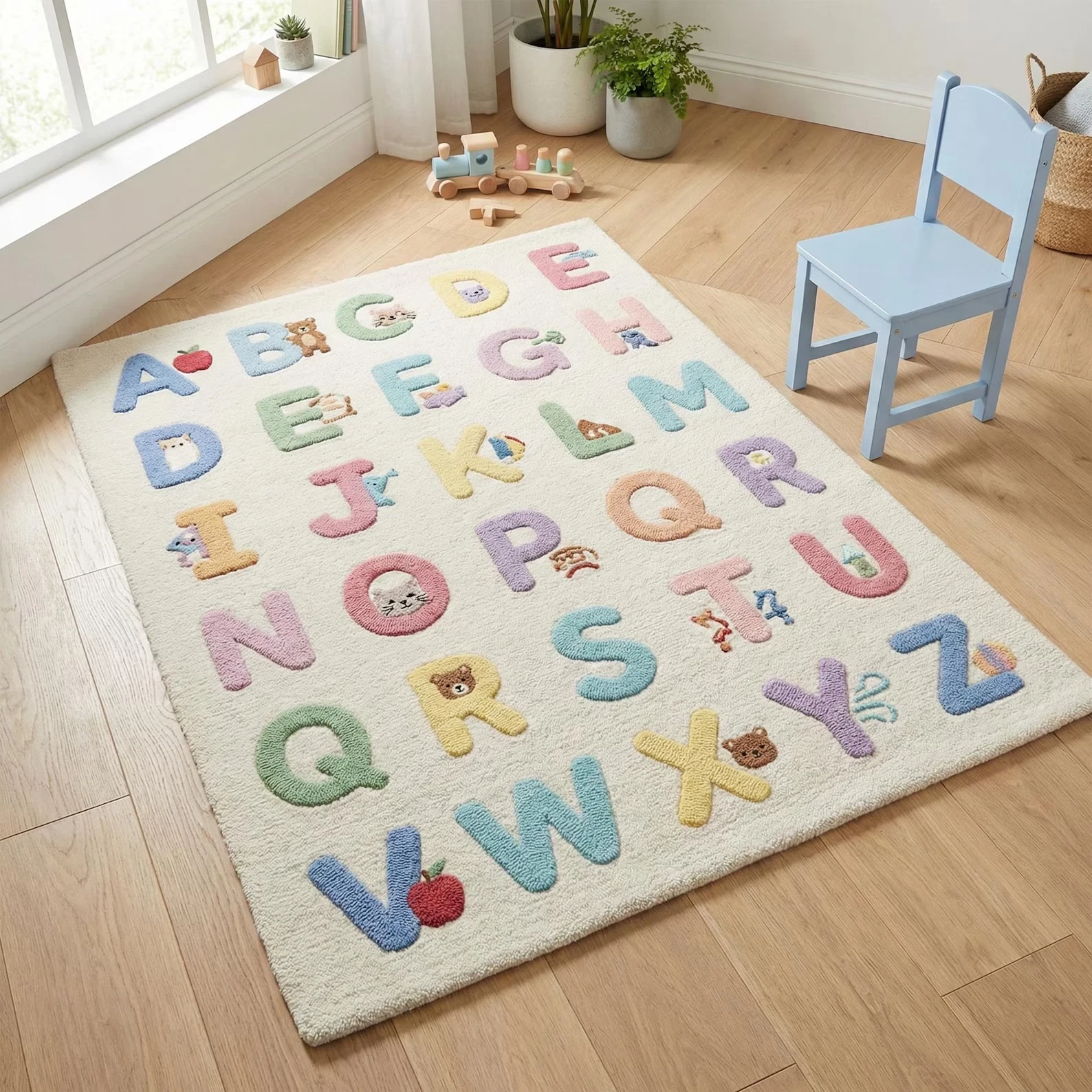 Alphabet Kids Wool Area Rug ABC Kids Room Hand Tufted Pastel Playroom Carpet