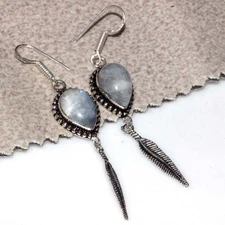 925 Silver Plated Rainbow Moonstone Earrings 2.8" Trending Now Jewelry GW