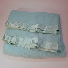 Vintage Baby Blue Satin Trim Blanket Waffle Weave Unbranded 80" x 95" Acrylic