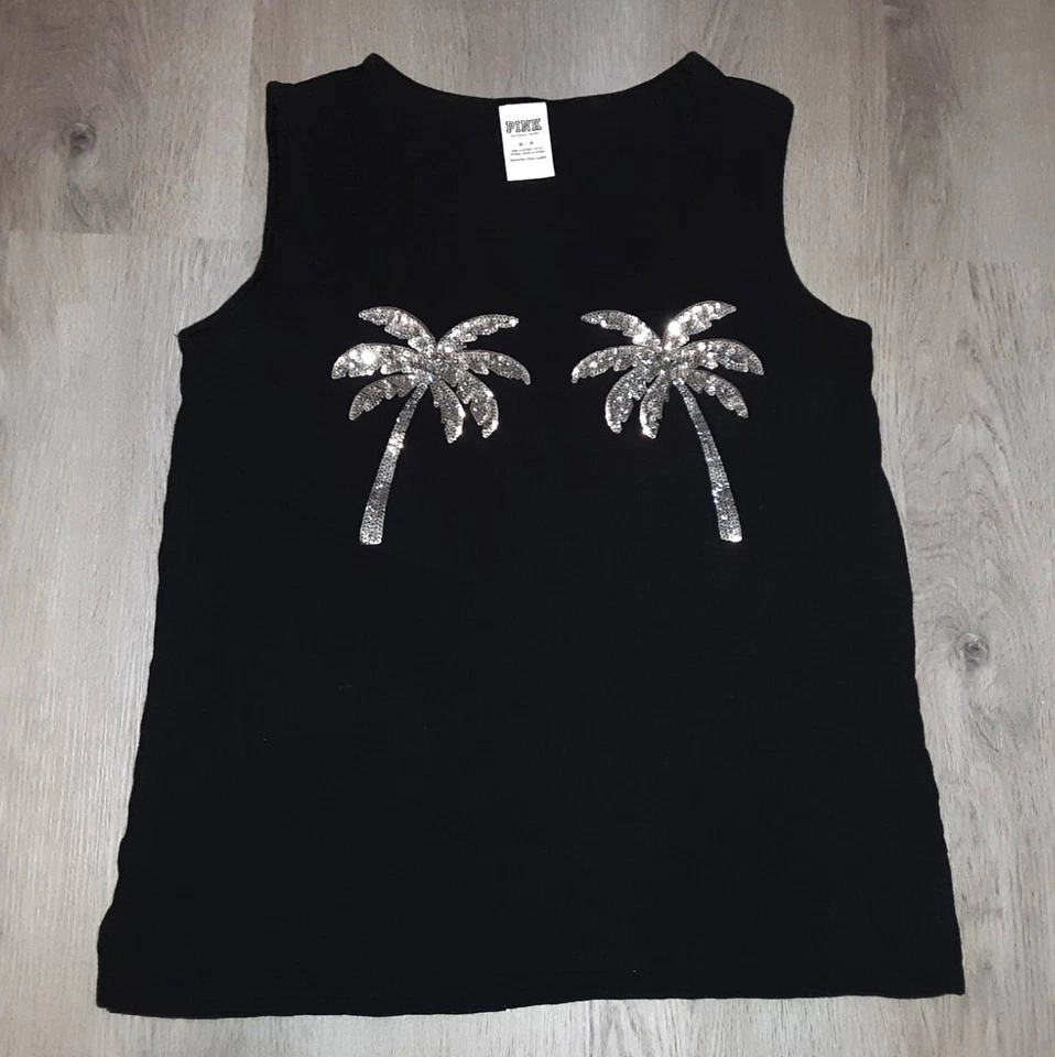 Lote de Camisetas sin Mangas Victoria's Secret ROSA Lentejuelas Bling Negras M Tropical Palmera Foto 4 de 4