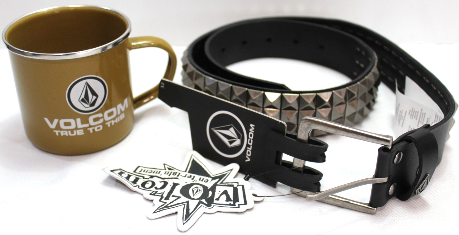 NEW Volcom Black 100% Leather Metal Stud Belt 32 Punk Rock Grunge Y2K Enamel Mug