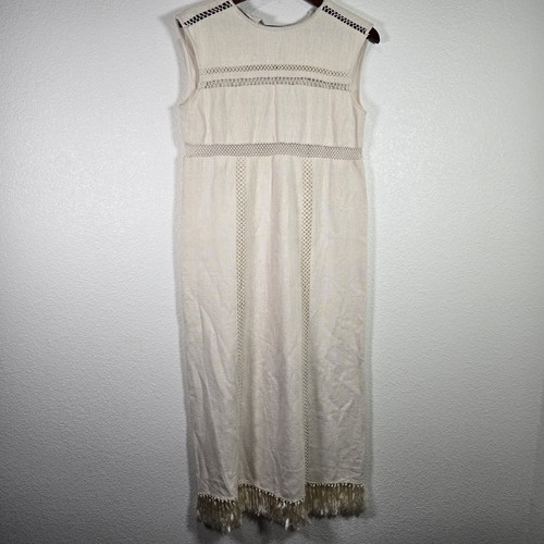 Doen Dress Size Large 100% Silk Sleeveless Shift Midi Fringe Trim Beige READ