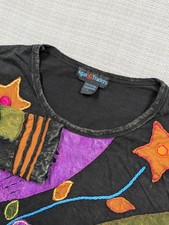 Agan Traders Shirt Womens Large Black Boho Embroidered Floral Long Sleeve Top