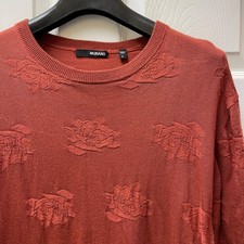 Murano Men's Large Burnt Orange Textured Floral Short Sleeve Sweater Jacquard