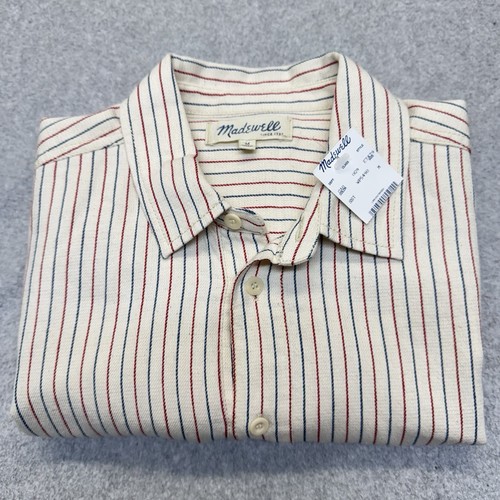 Madewell Shirt Women’s Medium Striped Long Sleeve Popover Cream Blue Red New - Picture 15 of 17