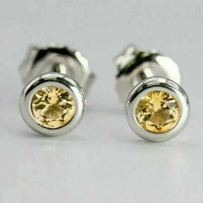 1Ct Round Cut Lab Created Yellow Citrine Solitaire Earrings 14K White Gold Over