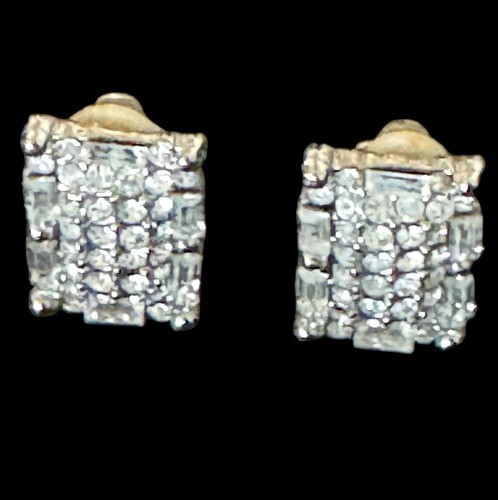 Vtg Rhinestone Clip On Earrings Rectangle Elegant Sparkle Silver Clear Baguette - Picture 5 of 7