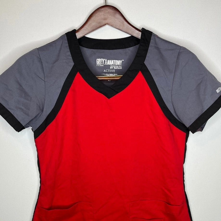 Grey’s Anatomy by Barco Active Women’s XS Red/Gray V-Neck Scrub Top - Image 3 of 4