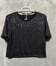 POL Sequin Embellished Top Black Sparkle Party Festival Crop Large