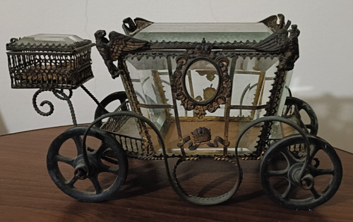 Rare antique old jewelry trinket box gilt bronze glass carriage