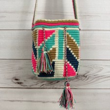 Boho Multicolor Crochet Crossbody Bag Tassel Bucket Shoulder Bag Small