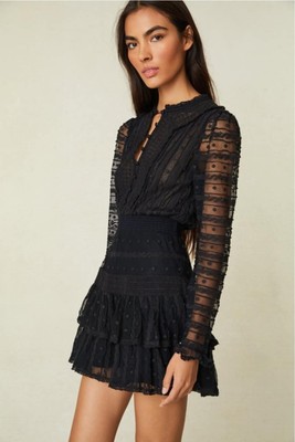 LoveShackFancy ELIO MINI Tiered Lace Mesh Sheer Long Sleeve Ruffle Black Dress S