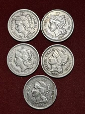 3 cent nickel lot(5) 1866 1867 1868 1869 1874 Nice Choice Collector Grade