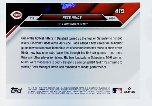 2024 TOPPS NOW #415 RECE HINDS CALL-UP BLUE /49 ROOKIE CINCINNATI REDS - Picture 2 of 2