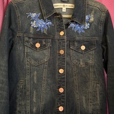 Ashley Mason Denim Jean Jacket, Women's Large-blue Flower Embroidered Appliqué