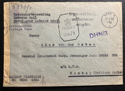 1943 Gera Germany Censored Cover to Dehra Dun India Internment Camp POW