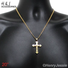 20"MEN Stainless Steel 3mm Gold Plated Cuban Curb Chain JESUS Cross Pendant*J2