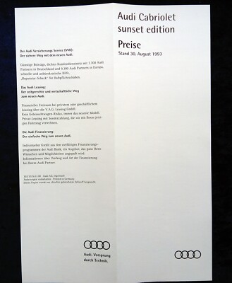 AUDI Cabriolet / Cabrio Sunset Edition Preisliste Stand 30.08.1993