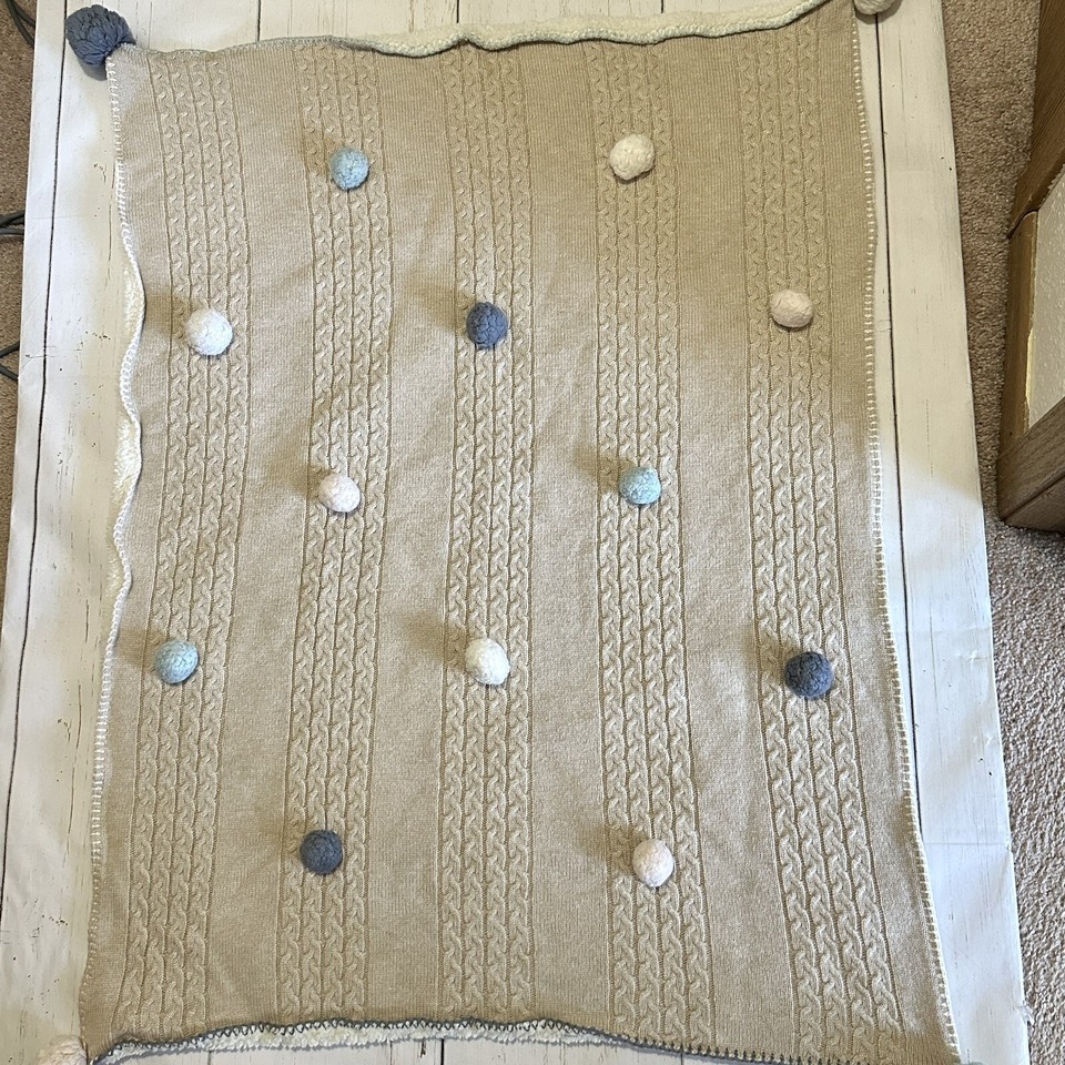 Pottery Barn Kids Pom Pom Stroller Baby Blanket Tan Cream Knit Warm 30