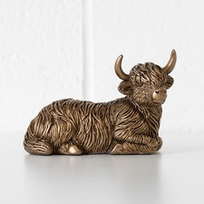 Highland Cow Ornament 12cm Small Resin Bronze Animal Decorative Figure Sculpture