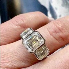 6.50CTW Emerald Cut Moissanite Three Stone Engagement Ring 14K White Gold Plated
